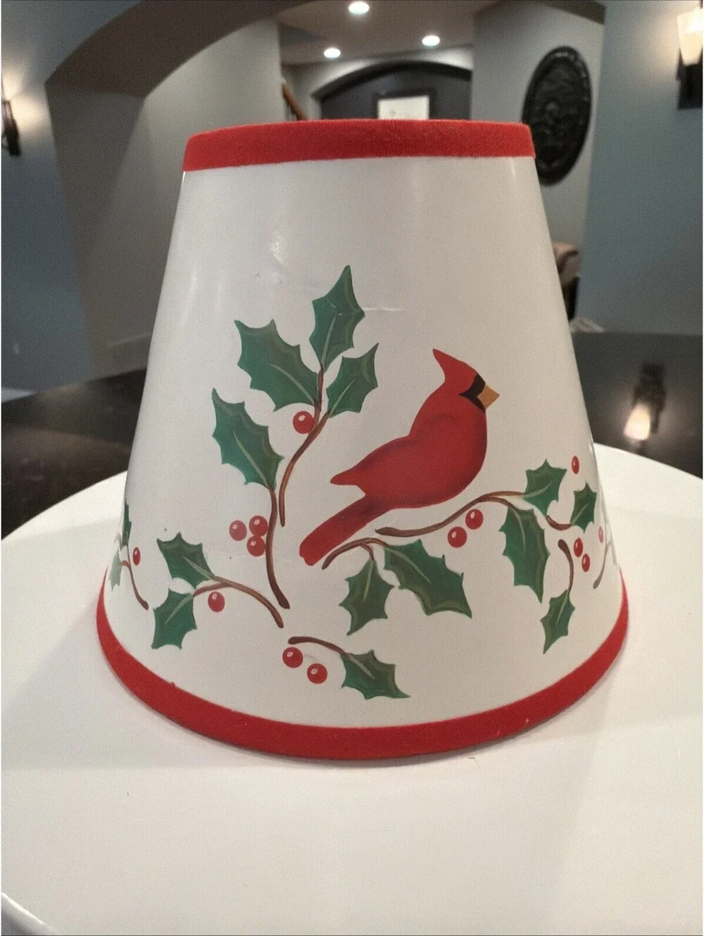 Vtg Christmas Clip On Mini Lamp Shade Cardinal & Holly Berries 4x5”